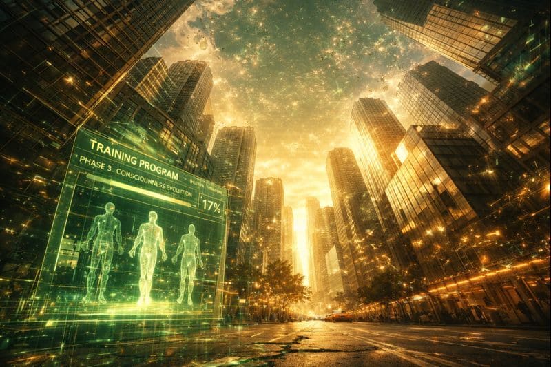 First-person upward view of a futuristic city where reality reveals its hidden structure, with green, pink, and golden digital layers integrated into skyscrapers and the sky, visualizing The Matrix as a Training Ground for Consciousness through subtle simulation glitches and holographic patterns.