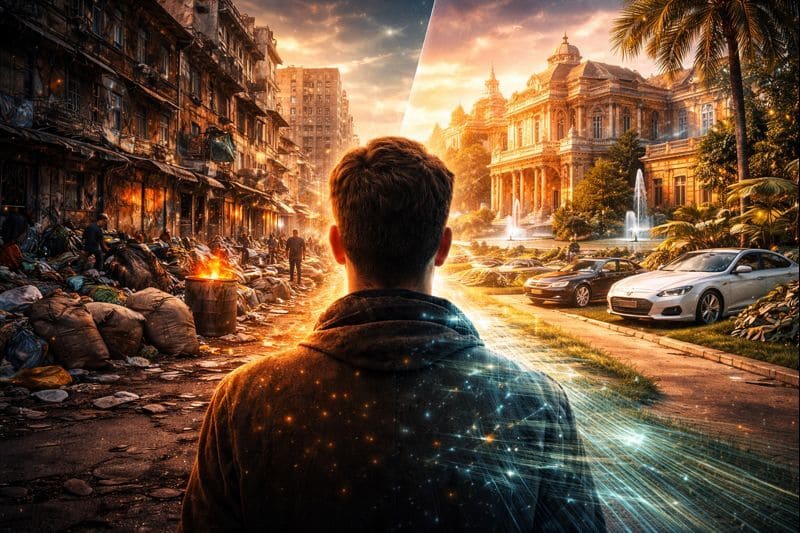 Attention shapes reality as human focus visually transforms the surrounding world, revealing the contrast between poverty and wealth through perception and awareness