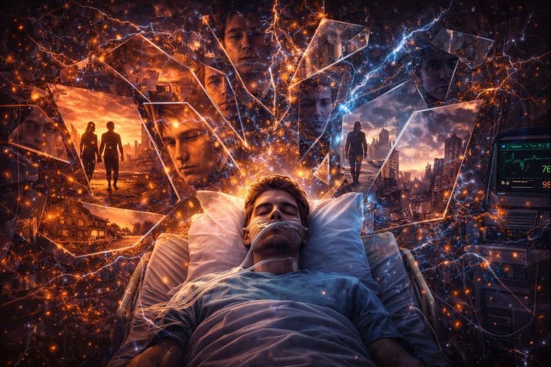 memory fractures between timelines showing recall misalignment across shifting realities