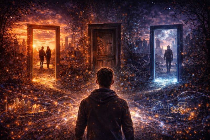 probability collapse showing one reality emerging from multiple possible outcomes