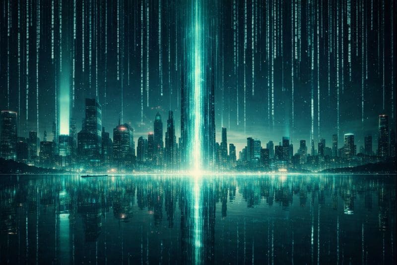 Cinematic Matrix-inspired cityscape symbolizing perception as an active force shaping reality