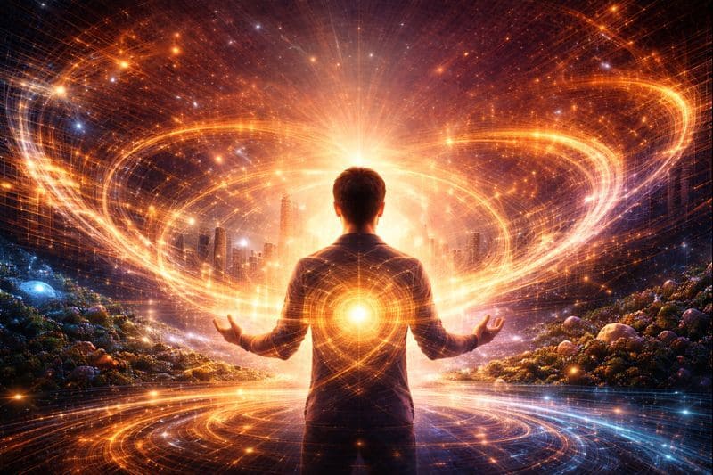 Reality responds through feedback loops, showing repeating patterns shaped by perception and awareness