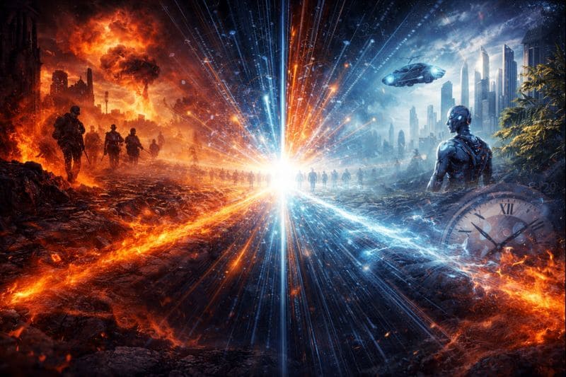 Timeline convergence illustrated as multiple futures collapsing into a single present reality