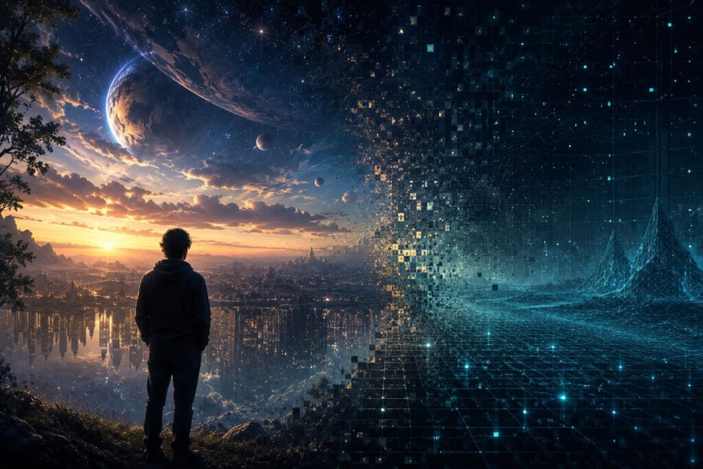 Conceptual illustration of the simulation hypothesis showing a digital universe merging with physical reality.