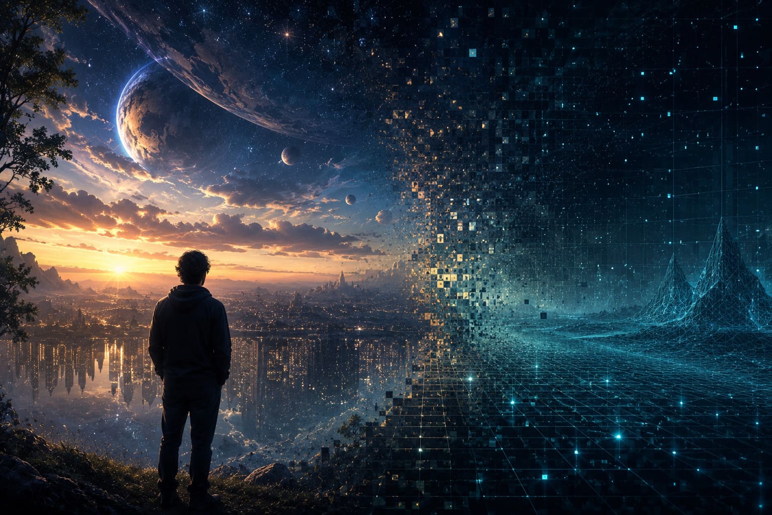 Conceptual illustration of the simulation hypothesis showing a digital universe merging with physical reality.