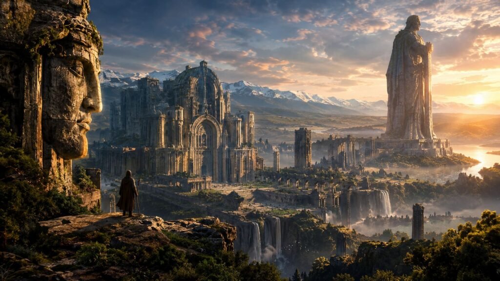 Ancient megalithic civilization with enormous stone structures and a giant human figure